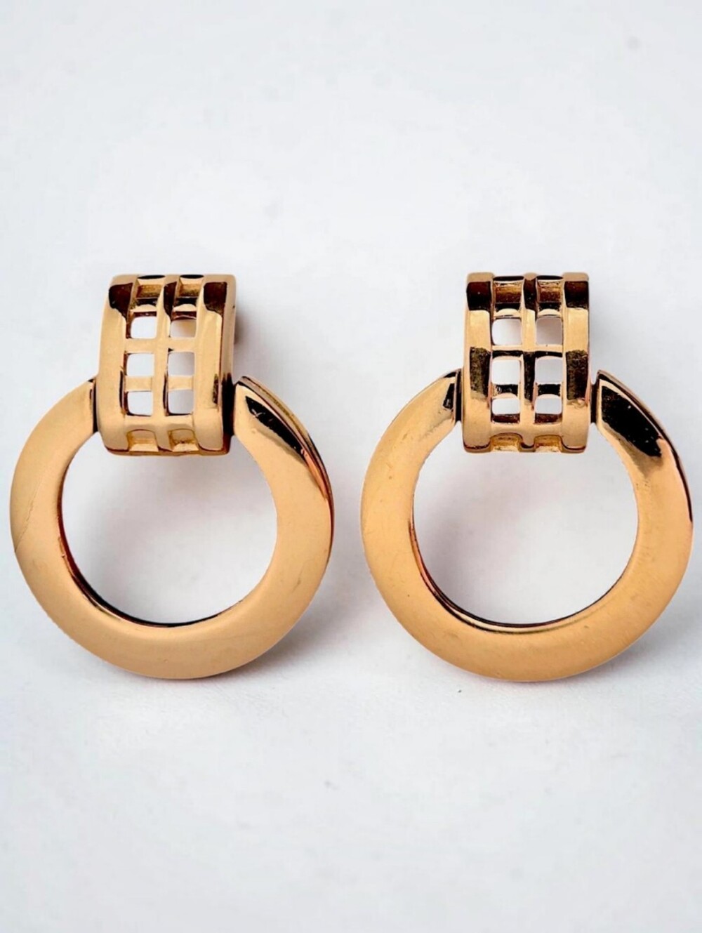 Givenchy Door Knocker Clip On Hoop Earrings Grid Top Gold Tone Vintage 1980s